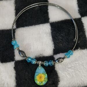 Sunflower Pendant Necklace with Blue Accents